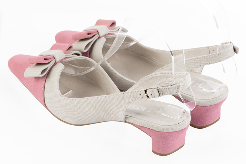 Carnation pink and off white women's open back shoes, with a knot. Tapered toe. Low kitten heels. Rear view - Florence KOOIJMAN